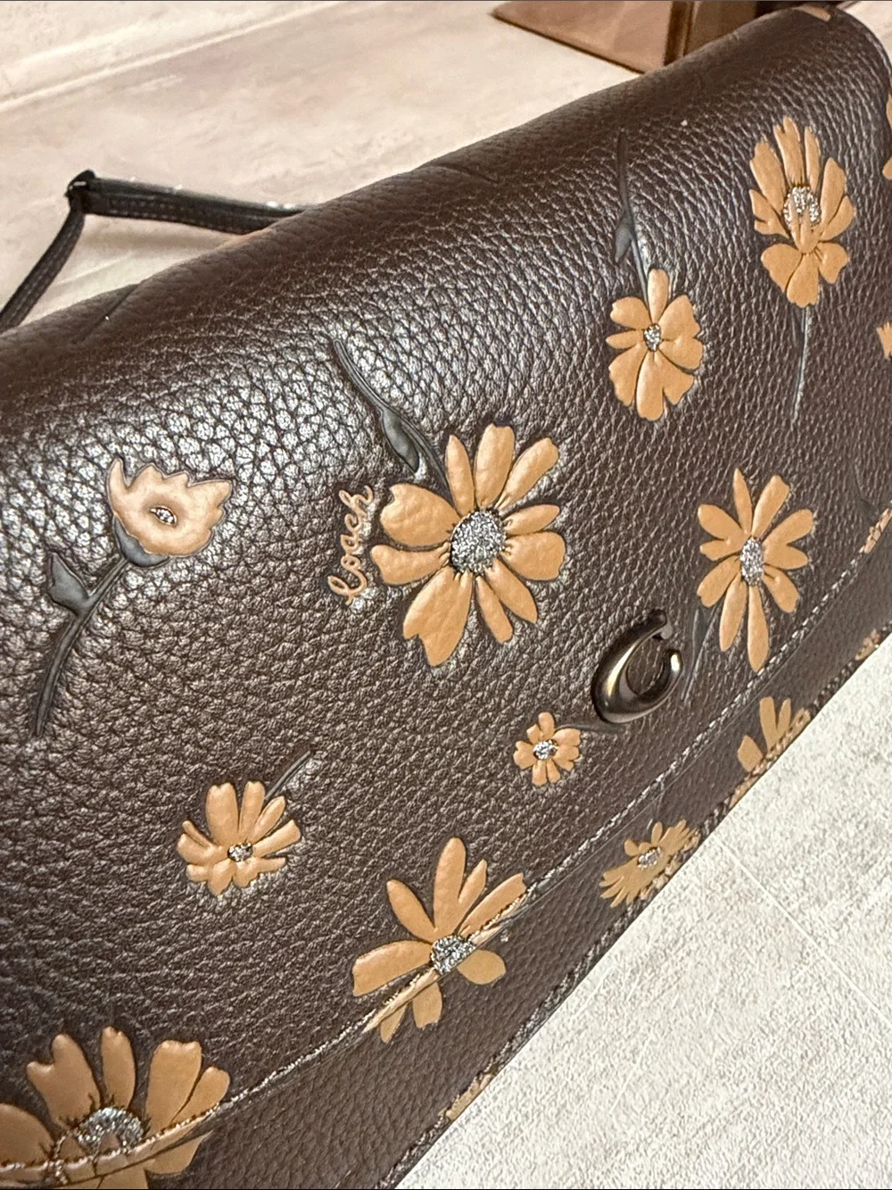 COACH- Hayden Brown Floral Leather Crossbody Bag with Tan Flowers NWT